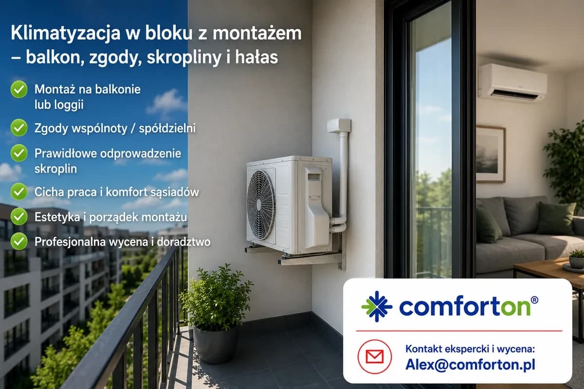 Klimatyzacja w bloku z montażem Comforton, balkon, zgody wspólnoty, skropliny, hałas i wycena