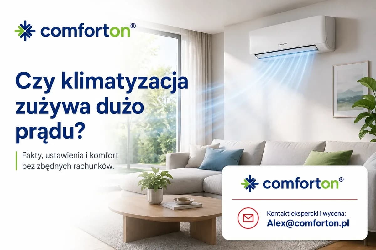 Nowoczesny klimatyzator Comforton w salonie z informacją o zużyciu prądu, rachunkach i energooszczędnym chłodzeniu