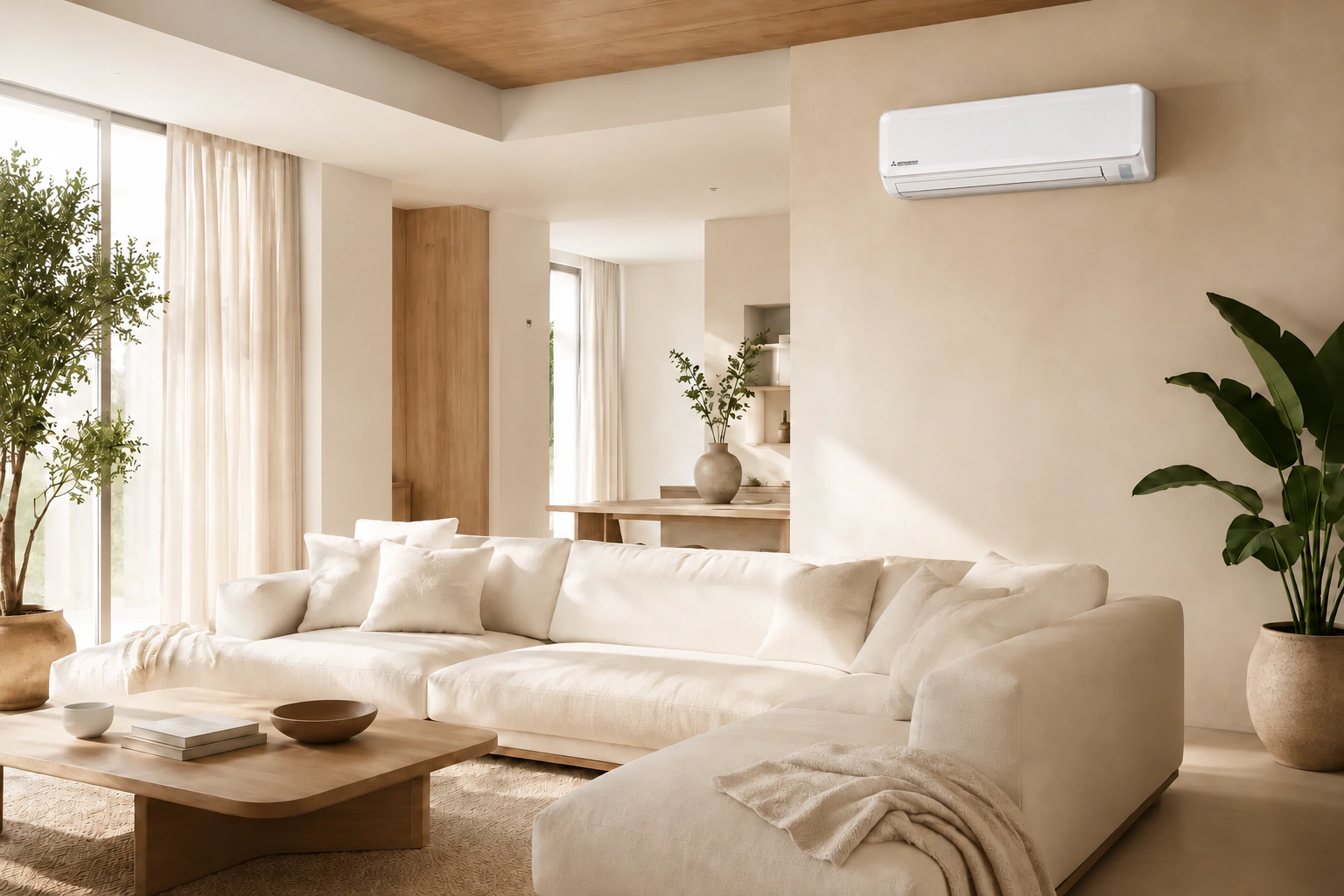 Jasny salon z klimatyzatorem ściennym Mitsubishi Heavy Industries SRK-ZTL-W