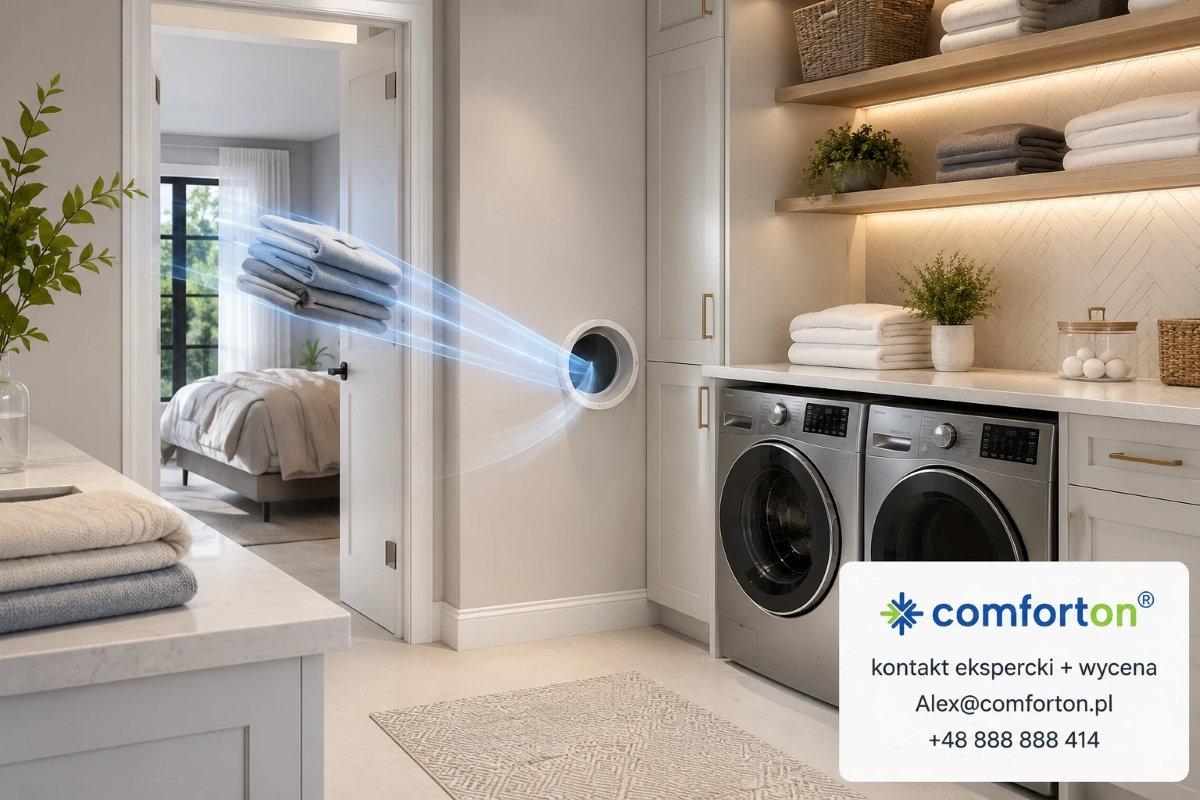 Nowoczesna pralnia z systemem Laundry Jet Comforton, pokazująca automatyczny transport prania do pralni oraz kontakt do wyceny.